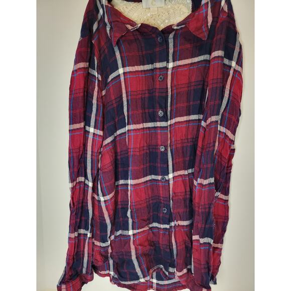 Charming Charlie Red Black White Flannel Shirt with Crochet Cutout-Small (S) - Picture 2 of 6